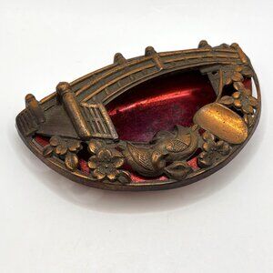 Vtg 1930s/1940s Japanese Copper Finish 2 Piece Ashtray w/ Birds, Bridge, Flowers
